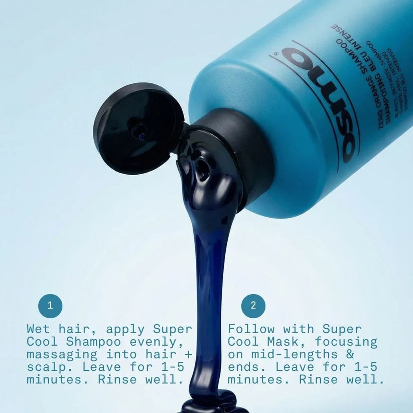 Blue Oliso shampoo bottle with pouring action on a light blue background