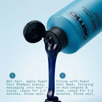 Blue Oliso shampoo bottle with pouring action on a light blue background