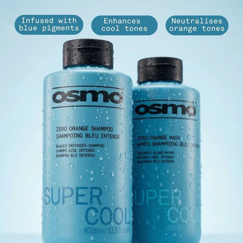 Two blue Osmo haircare bottles with black caps on a light blue background, with three dark blue text callouts above describing product benefits.
