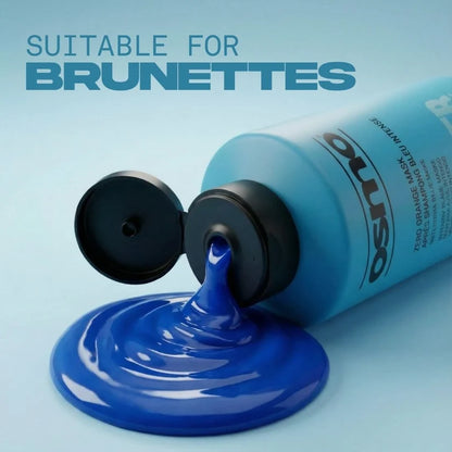Blue hair dye tube with blue liquid on a light blue background, suitable for brunettes.