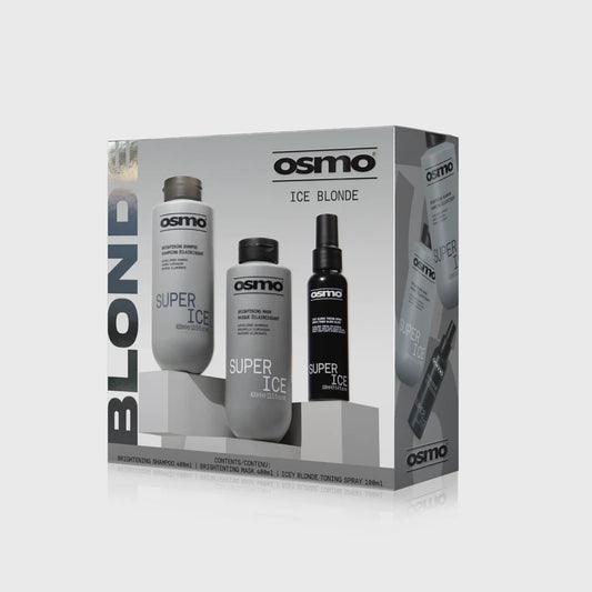 Osmo Ice Blonde haircare set in a gray retail box, featuring three bottles and a spray bottle with white and black labels, photographed on a light gray background.