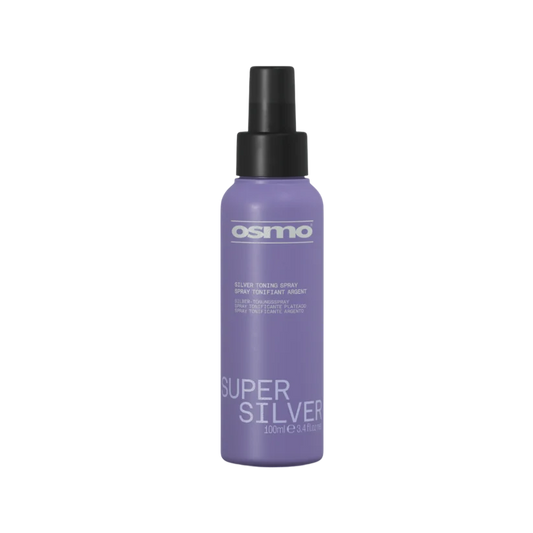 A bottle of Osmo Silver Toning Spray in Super Silver shade, featuring a lavender purple bottle and a black spray nozzle, set against a plain white background.