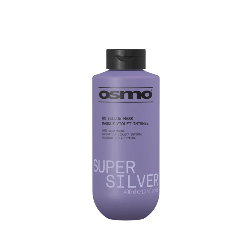 A 400ml bottle of Osmo Super Silver No Yellow Mask in a lavender purple color with a black cap, shown on a plain white background.
