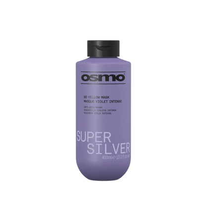 A 400ml bottle of Osmo Super Silver No Yellow Mask in a lavender purple color with a black cap, shown on a plain white background.