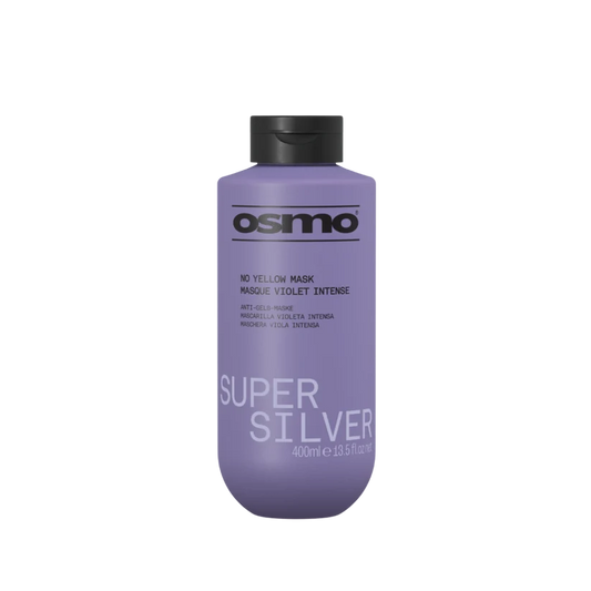 A 400ml bottle of Osmo Super Silver No Yellow Mask in a lavender purple color with a black cap, shown on a plain white background.