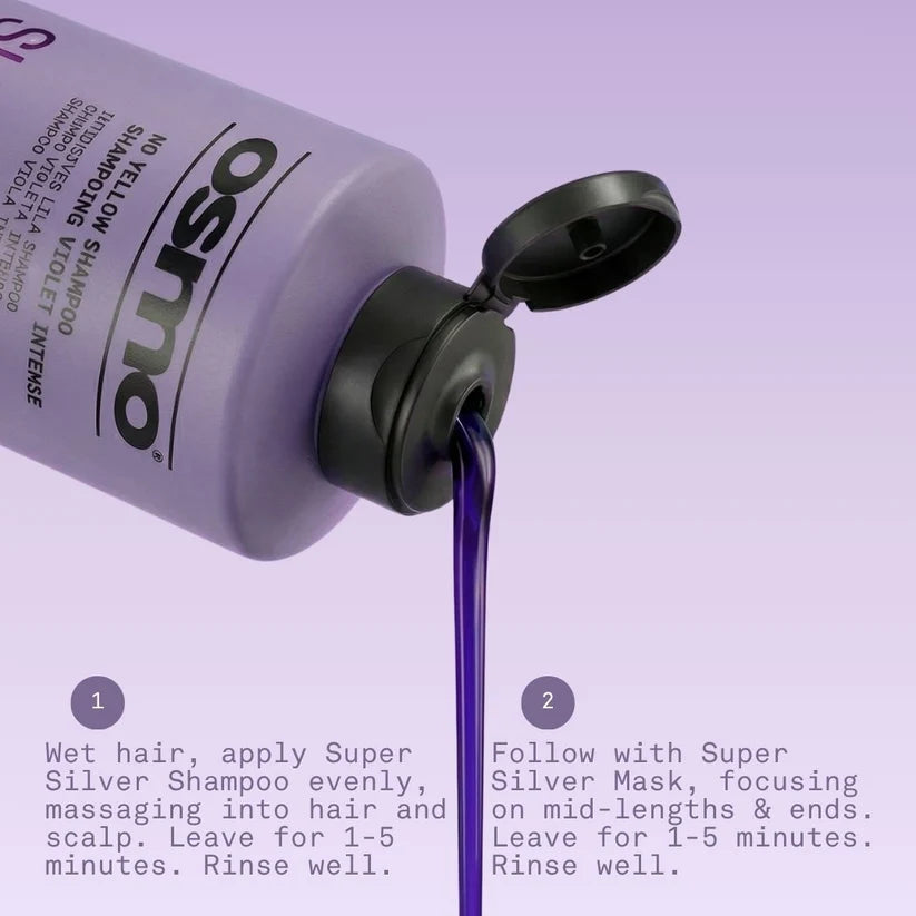 Osmo shampoo bottle with purple liquid being poured, on a light purple background