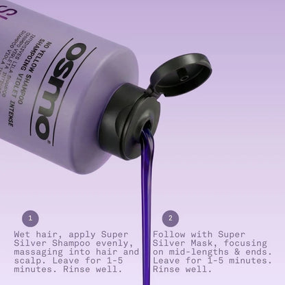 Osmo shampoo bottle with purple liquid being poured, on a light purple background