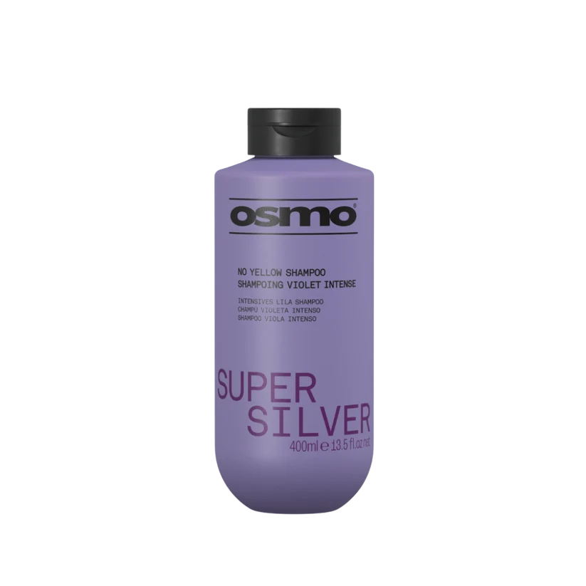 Purple shampoo bottle with black cap labeled 'Osmo Super Silver' on a white background