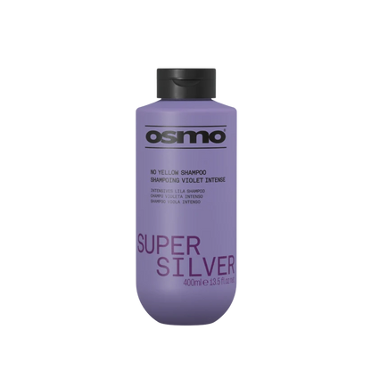 Purple shampoo bottle with black cap labeled 'Osmo Super Silver' on a white background