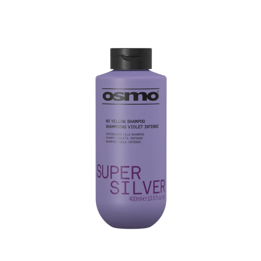 Purple shampoo bottle with black cap labeled 'Osmo Super Silver' on a white background