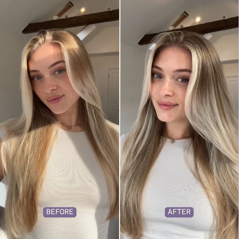 Side-by-side comparison of a woman with 'Before' and 'After' labels on her hair.