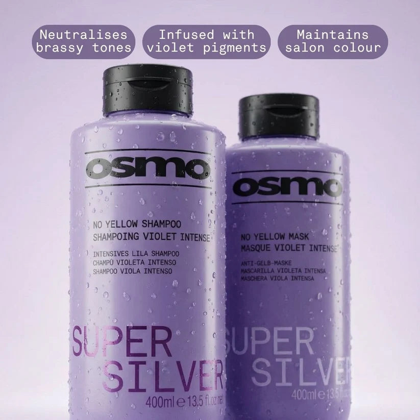 Two bottles of Osmo Super Silver shampoo and mask on a purple background