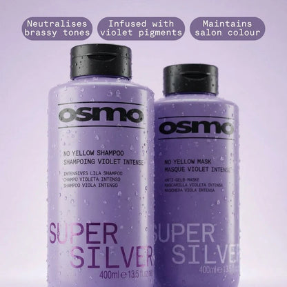 Two bottles of Osmo Super Silver shampoo and mask on a purple background