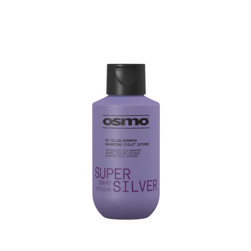Osmo Super Silver Intensive Hair Repair Shampoo in a lavender purple bottle with a black cap, shown on a plain white background.