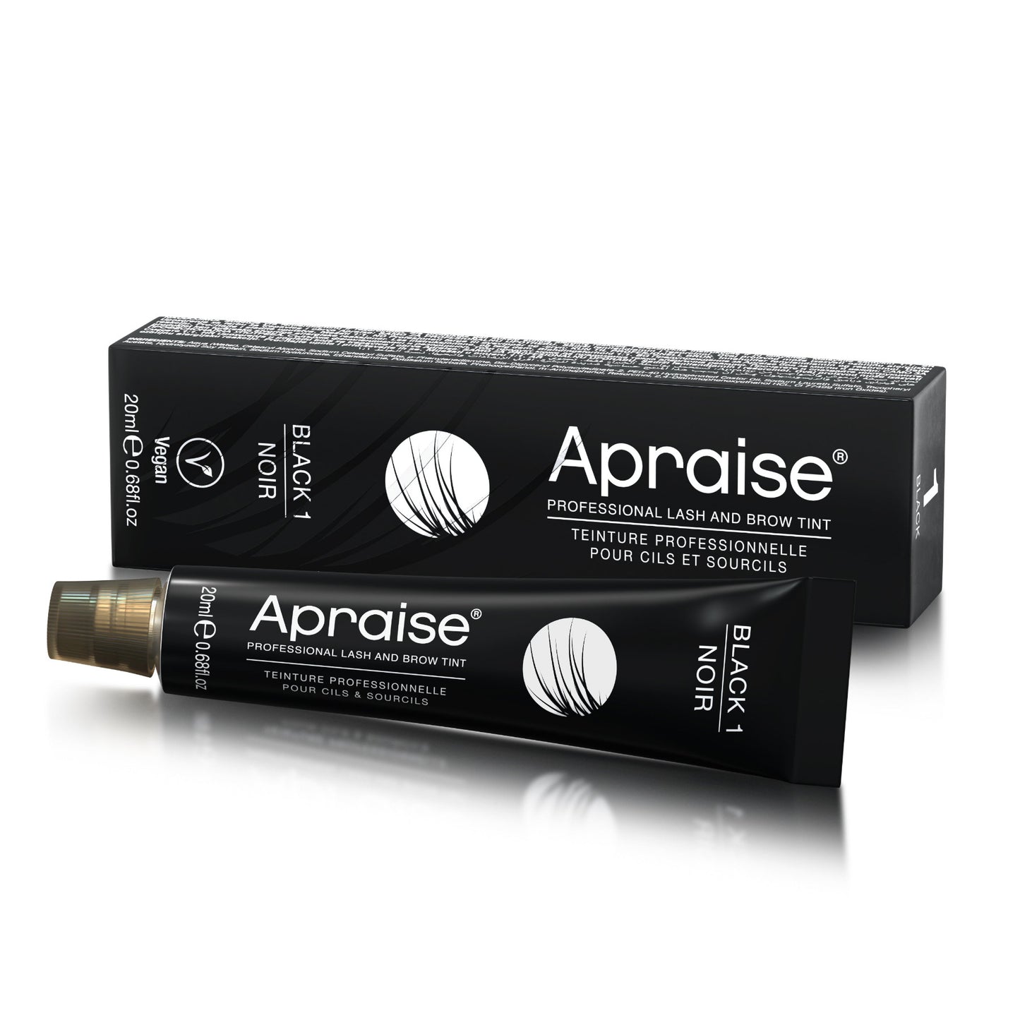Apraise lash and brow tint packaging with black box and tube on a white background