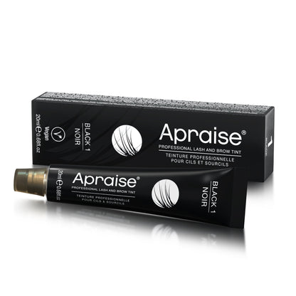 Apraise lash and brow tint packaging with black box and tube on a white background