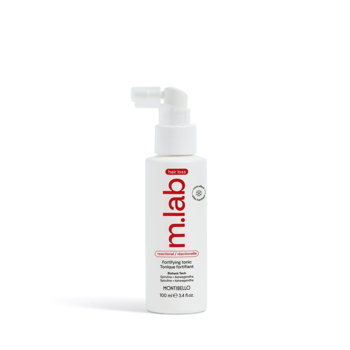 White bottle with red label on a white background