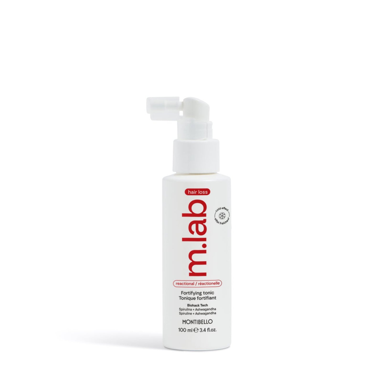 White bottle with red label on a white background