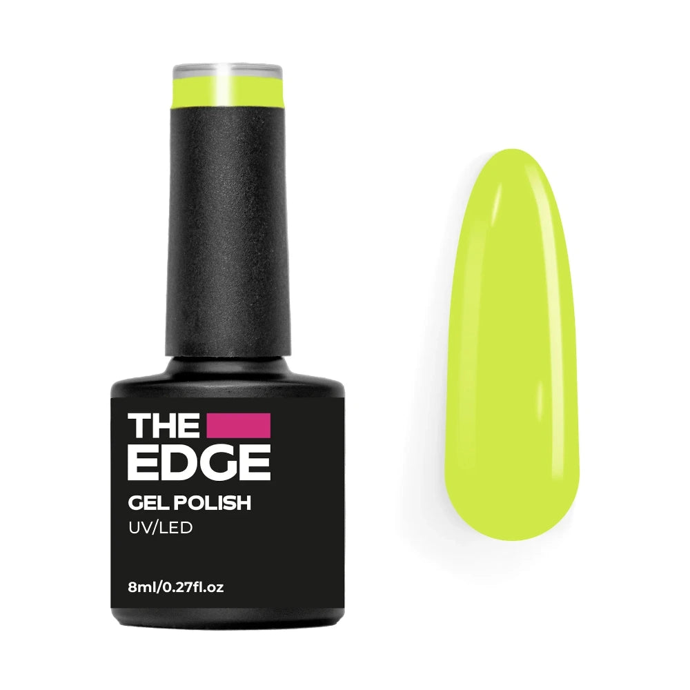 The Edge gel polish bottle with a yellow nail tip on a white background