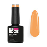 The Edge gel polish bottle with a swatch of orange color on a white background