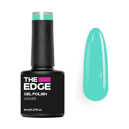 The Edge gel polish bottle with a teal nail color swatch on a white background