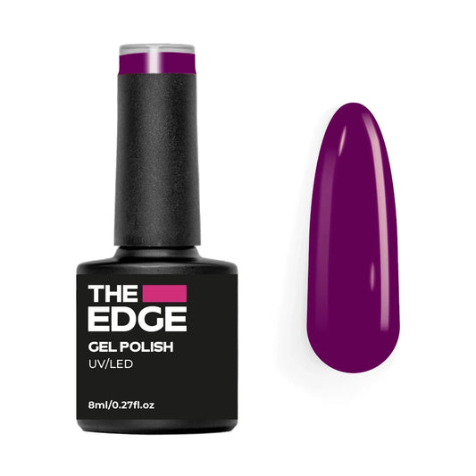 The Edge gel polish bottle with a purple nail tip on a white background
