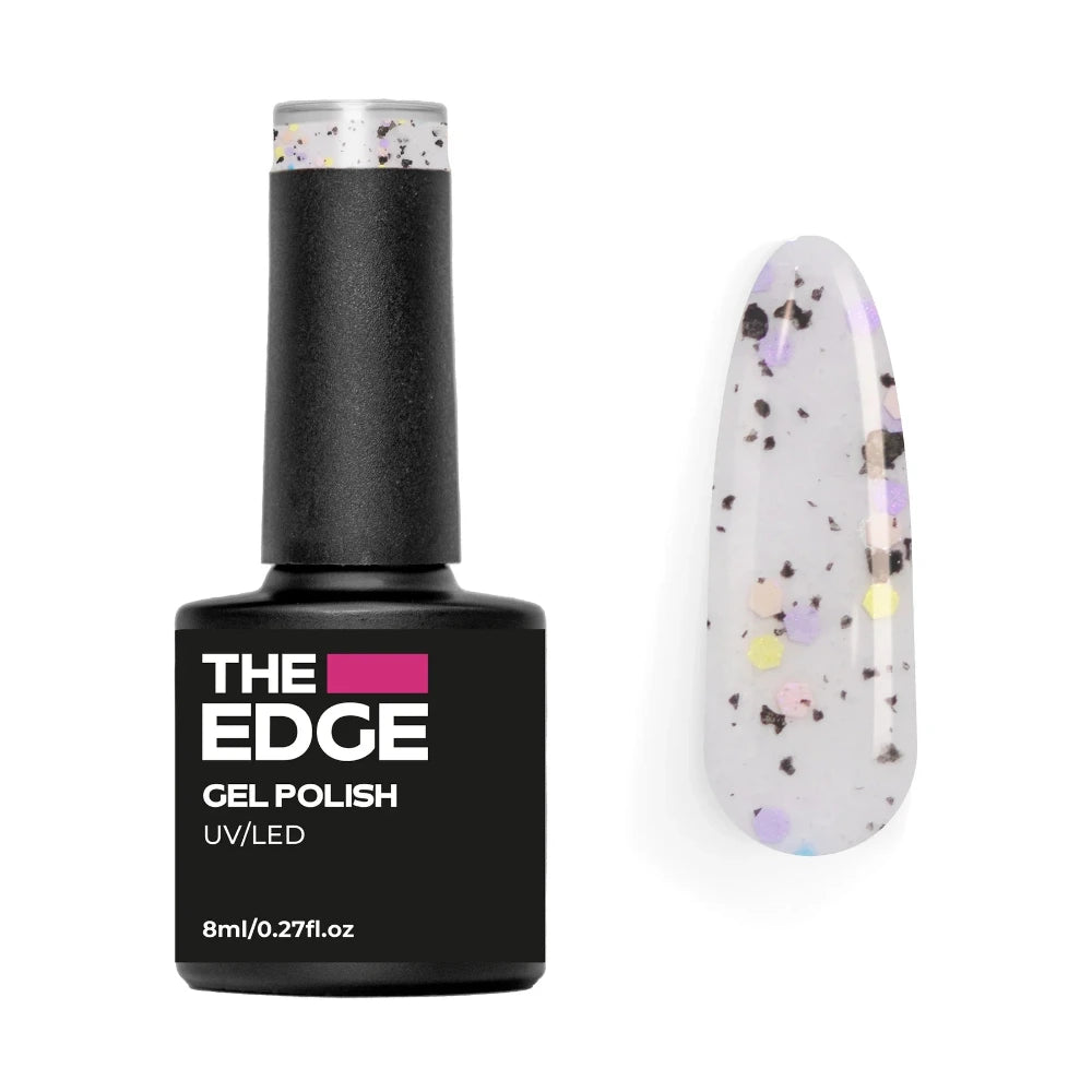 The Edge gel polish bottle with a clear top coat with confetti nail polish on a white background
