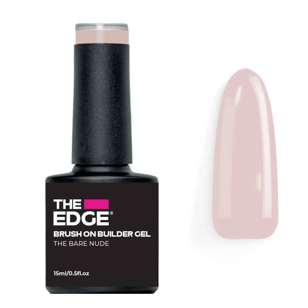 Black bottle of 'The Edge' brush on builder gel with a nude pink nail tip on a white background