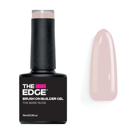 Black bottle of 'The Edge' brush on builder gel with a nude pink nail tip on a white background