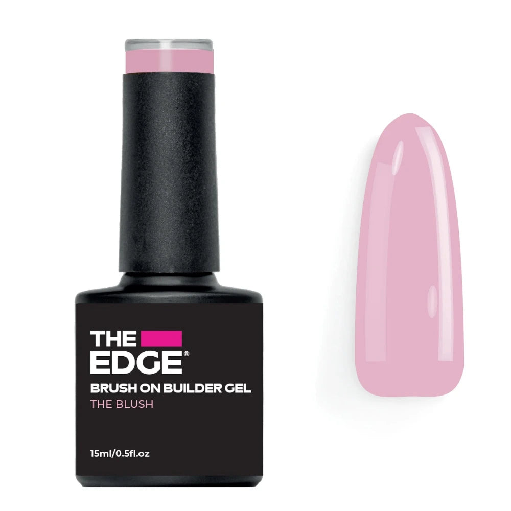 Black bottle of 'The Edge' brush on builder gel with a pink nail tip on a white background