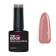 Black bottle of 'The Edge' brush on builder gel with a sheer pink/brown nail tip on a white background