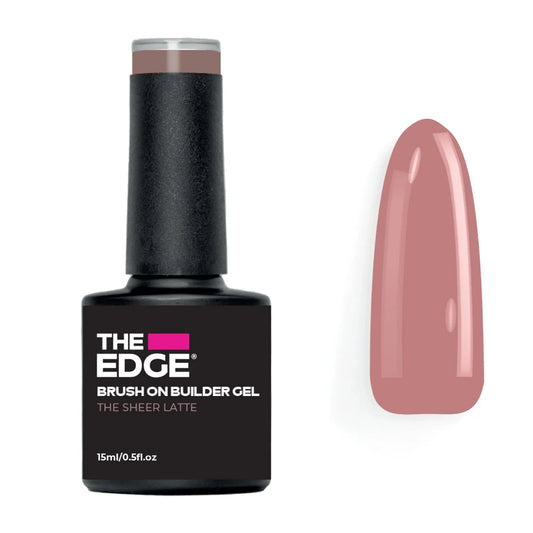 Black bottle of 'The Edge' brush on builder gel with a sheer pink/brown nail tip on a white background