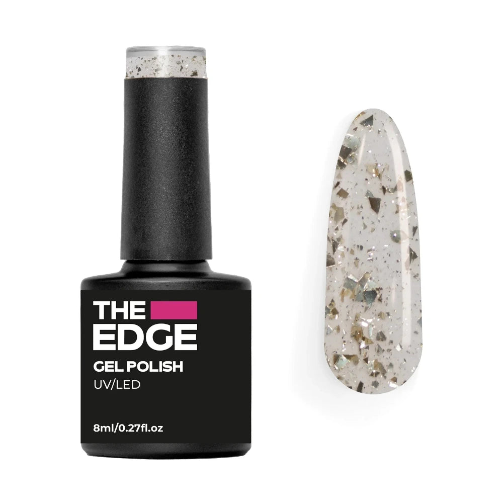 The Edge gel polish bottle with a clear Top Coat with Gold Flakes of glittery nail polish on a white background