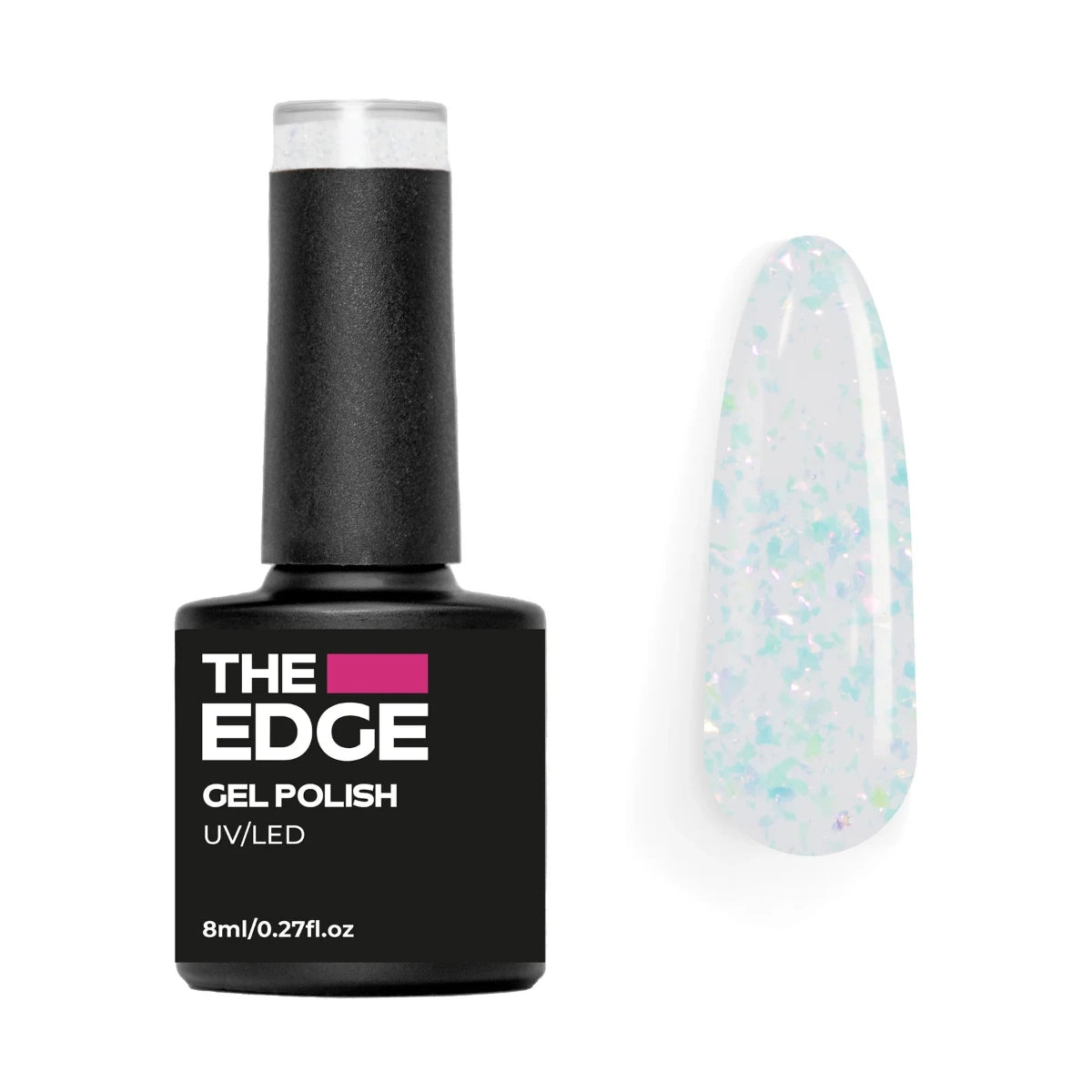 Black gel polish bottle with a clear top coat with baby blue and white holohraphic flakes nail color on a white background
