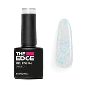 Black gel polish bottle with a clear top coat with baby blue and white holohraphic flakes nail color on a white background