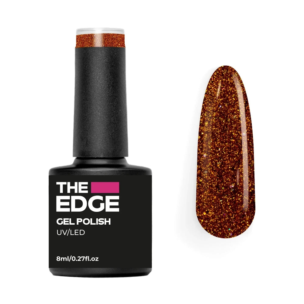 The Edge gel polish bottle with a bronze glittery nail color on a white background