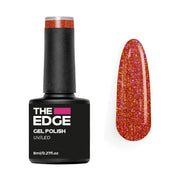 The Edge gel polish bottle with a glittery orange nail color on a white background