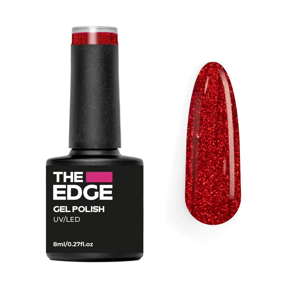 The Edge gel polish bottle with a red glittery nail tip on a white background