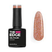 The Edge gel polish bottle with a glittery nail color on a white background