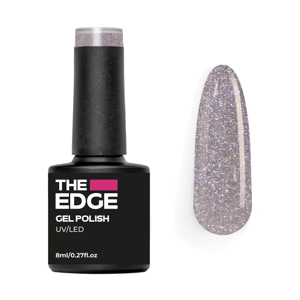 The Edge gel polish bottle with a lilac grey glittery nail color on a white background