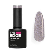 The Edge gel polish bottle with a lilac grey glittery nail color on a white background