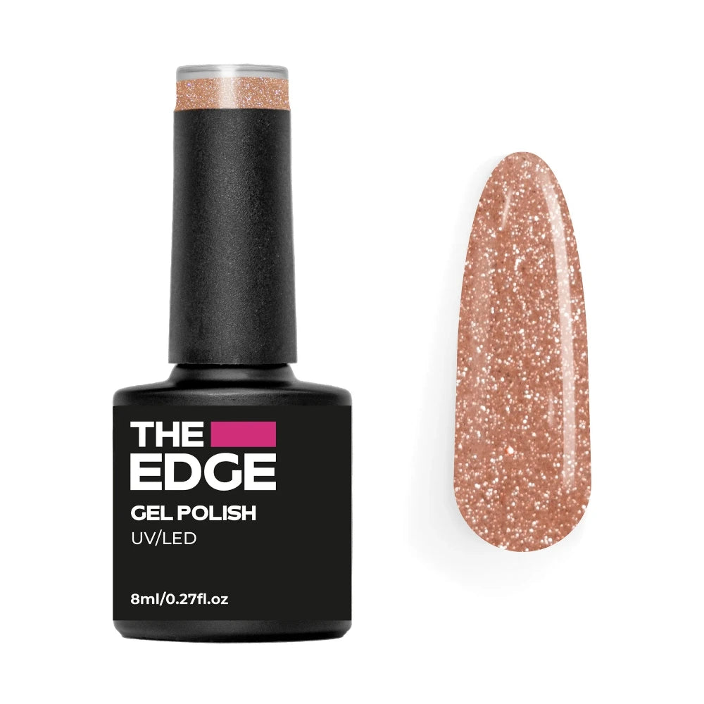 The Edge gel polish bottle with a pink gold glittery nail color swatch on a white background