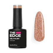 The Edge gel polish bottle with a pink gold glittery nail color swatch on a white background