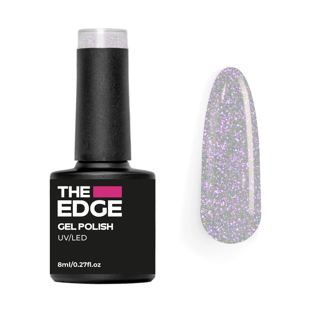 The Edge gel polish bottle with a top coat of a pink glittery nail color on a white background