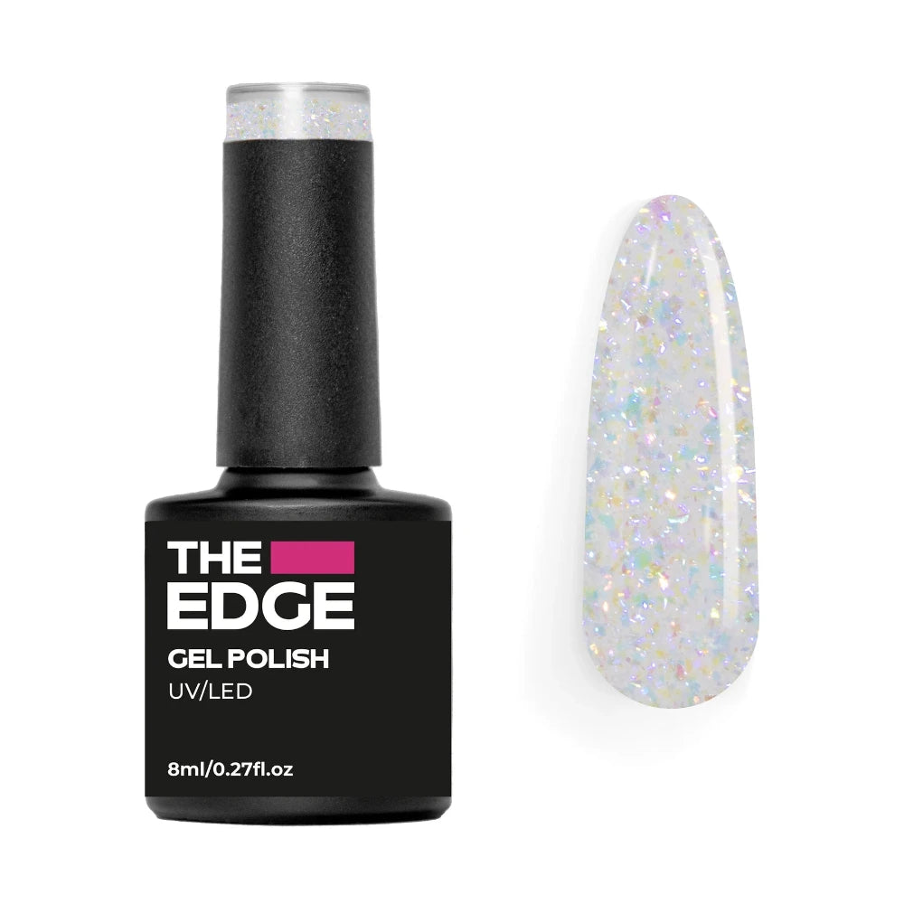 The Edge gel polish bottle with a clear top coat with rainbow flakes nail color on a white background