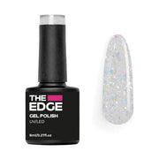 The Edge gel polish bottle with a clear top coat with rainbow flakes nail color on a white background