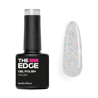 The Edge gel polish bottle with a clear top coat with rainbow flakes nail color on a white background