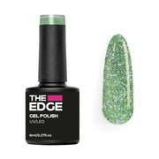 The Edge gel polish bottle with a green glittery nail color on a white background