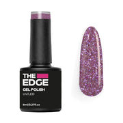 The Edge gel polish bottle with a glittery purple nail color on a white background