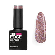 The Edge gel polish bottle with a rose gold glittery nail color on a white background